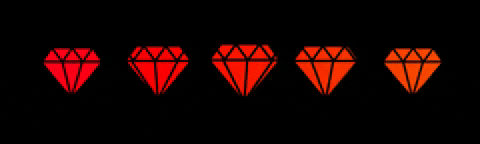 Ilustração animada de 5 gemas de rubi vermelhas sobre fundo preto. As gemas giram em torno do próprio eixo.