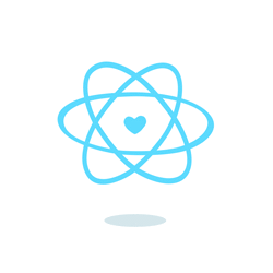 Logo do React, que é o símbolo de átomo na cor azul claro, mas com um coração no lugar do núcleo central. O logo é animado como se estivesse pulsando.