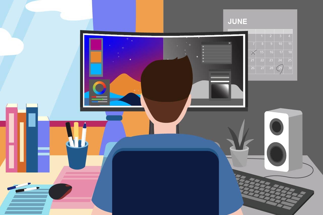 Ilustração que mostra um homem de costas, sentado à escrivaninha com computador, livros e um calendário. Metade do que está à sua frente está colorida e a outra metade, em preto e branco, mostrando como ele enxerga com cegueira parcial.