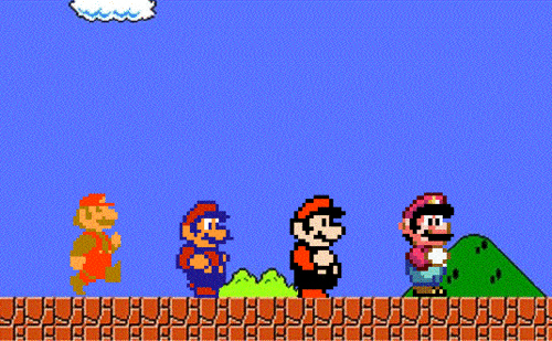 Imagem animada com quatro Marios, do jogo Super Mario, de jogos diferentes andando lado a lado, formando um comparativo de gráficos.