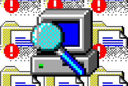 Imagem animada estilo 8 bits, que mostra uma lupa à frente de um computador desktop antigo e, atrás, várias pastas com símbolo de não correspondência deslizando para cima.