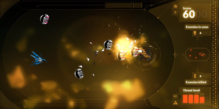 Captura de tela de um jogo em que objetos espaciais lutando entre si. Do lado direito se vê medidores de pontuação, inimigos mortos e nível de ameaça.