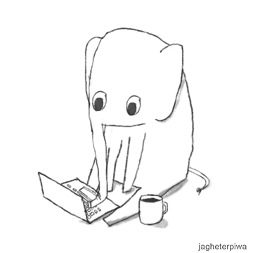 Animação feita apenas em contorno preto de um elefantinho sentado, alternando entre digitar em um notebook e tomar café com a tromba.