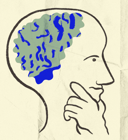 Imagem animada de uma figura humana vista de lado, com a mão no queixo em referência aO Pensador. No lugar do cérebro, aparecem vários padrões de imagem, que ficam alternando entre si.