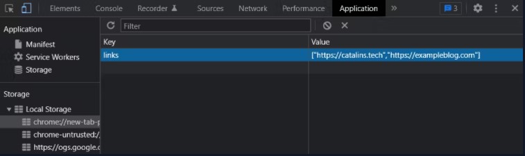 Captura de tela mostrando a inserção de links no localStorage