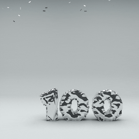 Imagem animada de um número 100 inflável prateado, com confetes caindo.