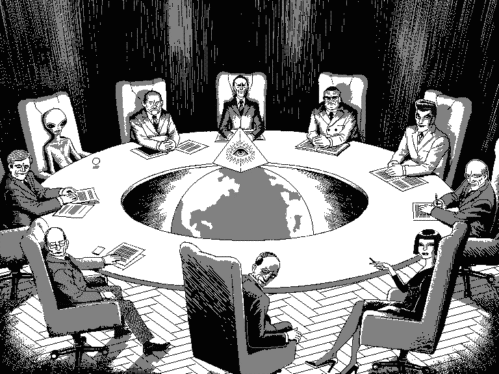 Ilustração animada de uma reunião em volta de uma mesa redonda. No centro, um globo terrestre e uma pirâmide com um desenho de um olho. Ao redor da mesa, sentados em cadeiras, várias pessoas e uma figura alienígena, todos encarando você.