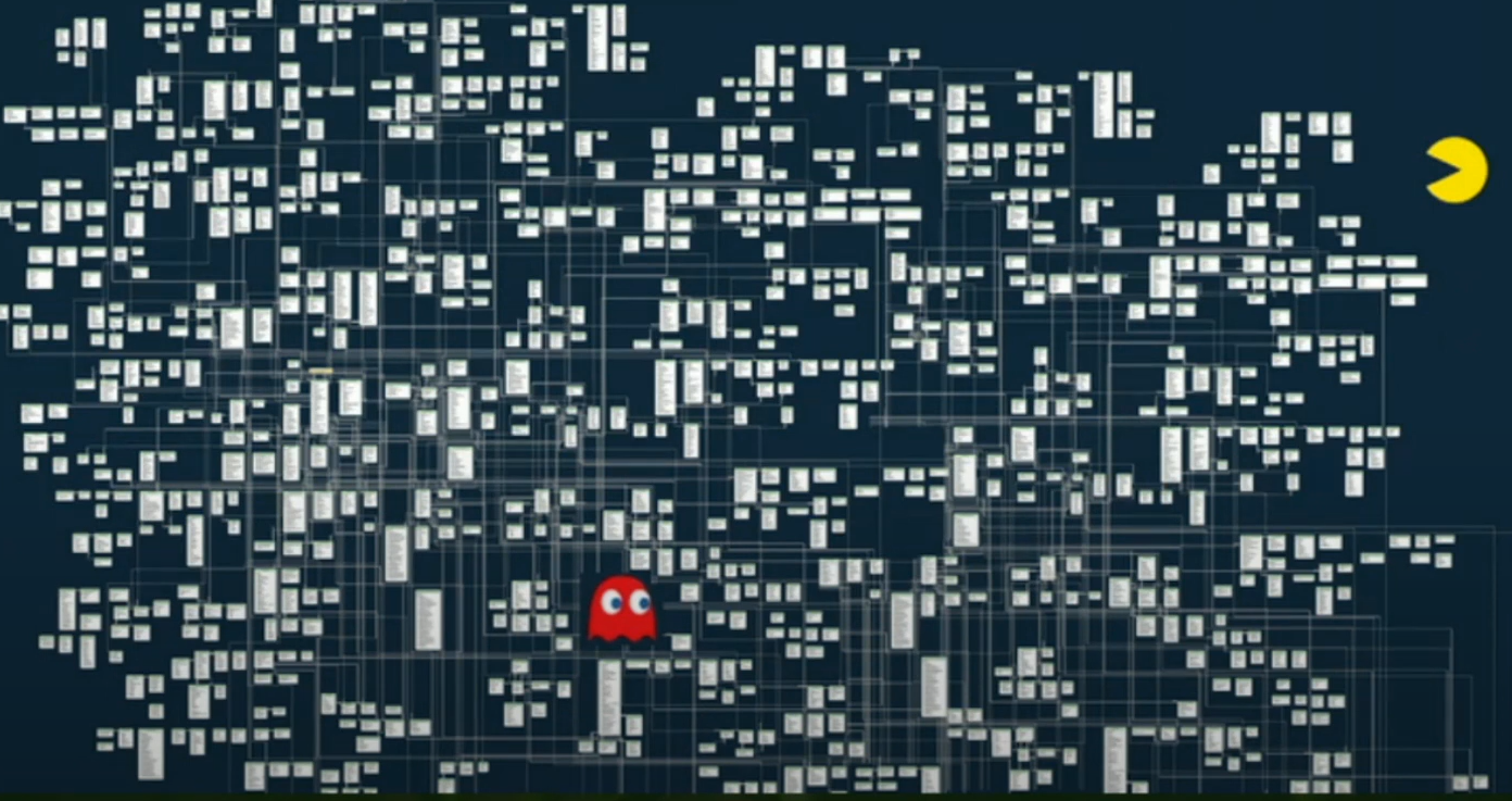 Muitos dados dispostos como se fosse um mapa de cidade. Na ponta esquerda, um Pacman que tenta chegar em um fantasminha que se encontra no meio dos dados.