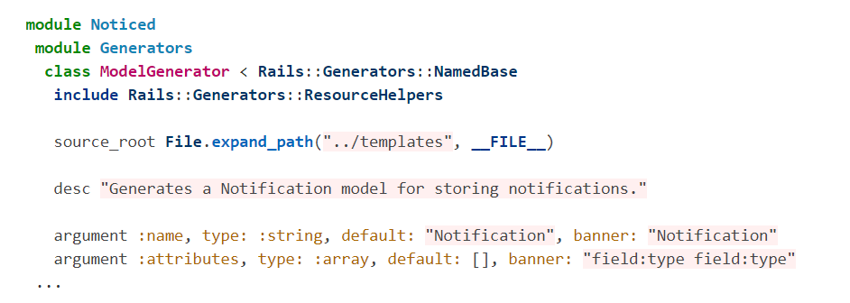 Trecho de código Rails mostrando a aplicação de um ModelGenerator.