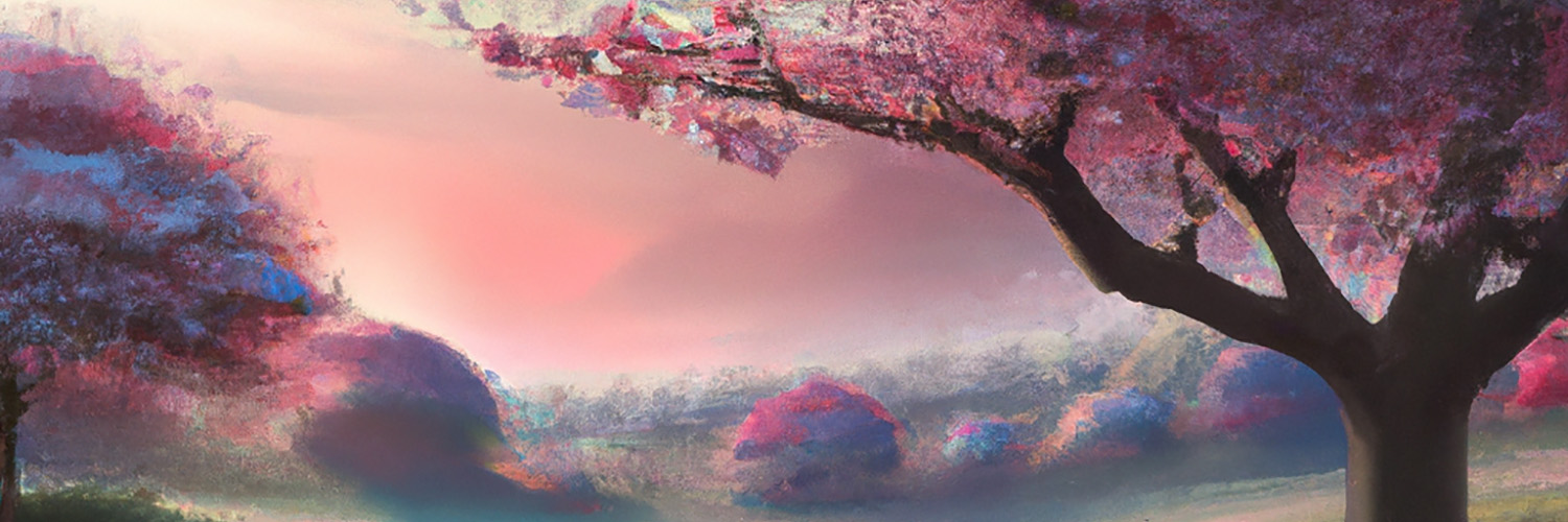 Ilustração digital de paisagem em tons de azul e rosa, sugerindo serem cerejeiras.