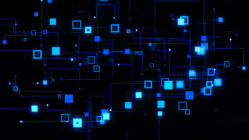Animação mostrando quadrados brilhantes azuis com conectores entre eles.