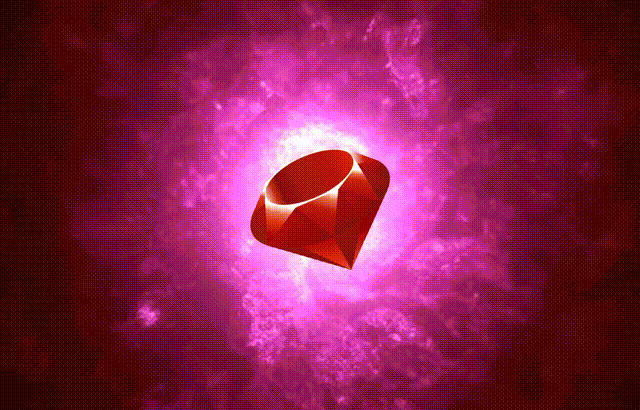 Logo de Ruby sobre um fundo animado que sugere estar aprofundando em um túnel, que vai se iluminando apenas pela luz vermelha que sai do rubi.