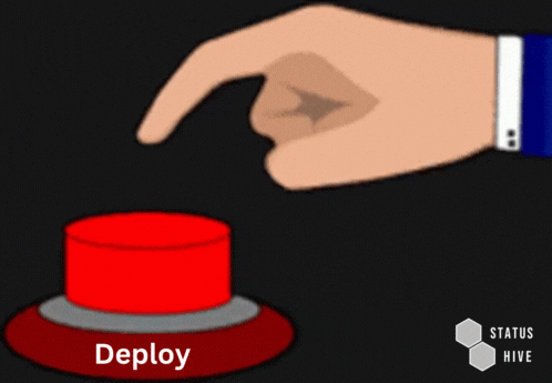 Animação de uma mão apertando um botão vermelho onde se lê 'deploy'.