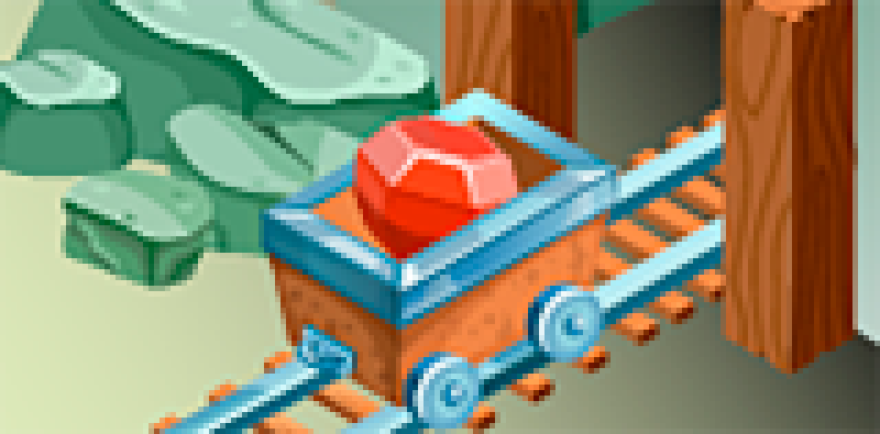 Ilustração pixelizada de um vagão sobre trilhos, contendo uma gema de rubi, na entrada de uma mina.