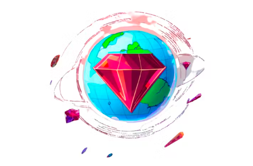 Ilustração de um globo terrestre. Sobre ele, uma grande gema de rubi. Pequenas gemas vermelhas orbitam o globo.
