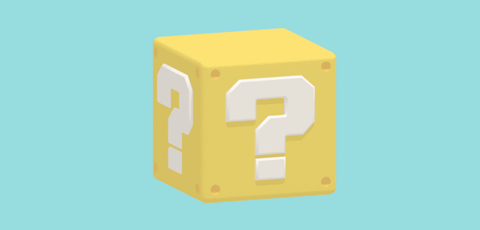 Um cubo 3d com uma interrogação nas faces laterais, como os blocos dos jogos de Mario Bros.