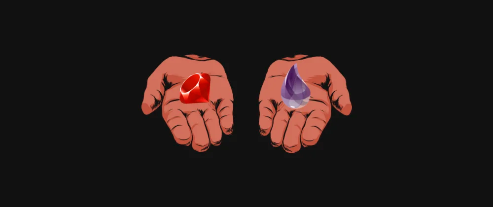 Duas mãos com as palmas voltadas pra cima. Em cada uma delas, a logo de uma linguagem, Ruby na esquerda e Elixir na direita.