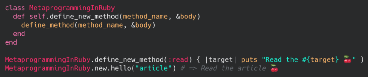 Trecho de código com metaprogramação em Ruby.
