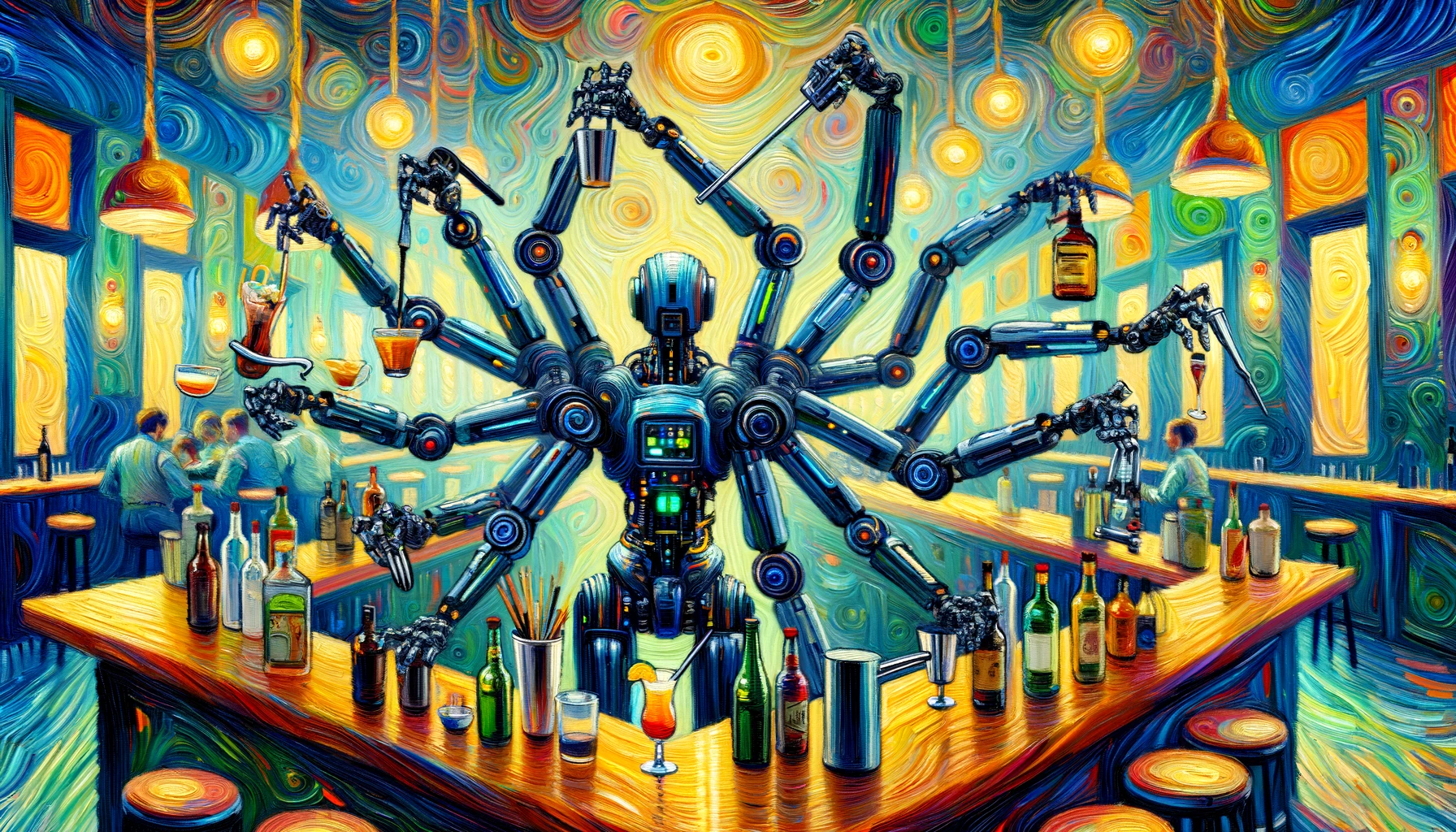 Um robô com muitos braços fazendo drinks diferentes com cada um em um balcão de bar.