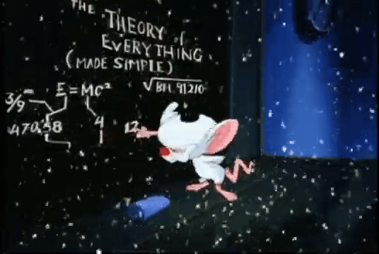 Trecho da abertura do desenho animado Pinky e o Cérebro, em que Cérebro está escrevendo uma fórmula matemática em uma lousa e, acima dela, a frase 'A teoria de tudo (simplificada)'. Enquanto isso, Pinky passa pulando à frente da cena, vestindo uma camisa de força.