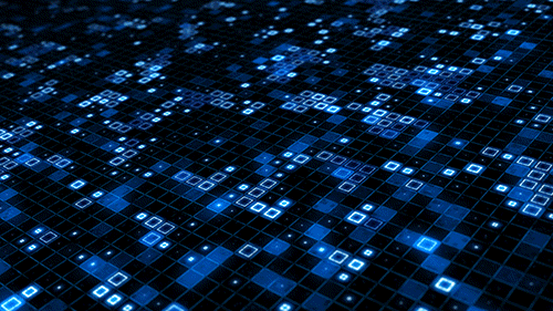Imagem em alusão a armazenamento de dados, com vários quadradinhos azul neon piscando numa tela e, no meio, alguns se tornam vermelhos, formando uma caveira.