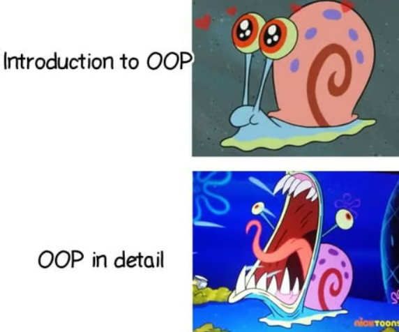 Comparação entre Introdução a OOP, com a ilustração fofa de uma lesma, e OOP em detalhes, com uma ilustração de uma lesma com a boca muito aberta e cheia de dentes.