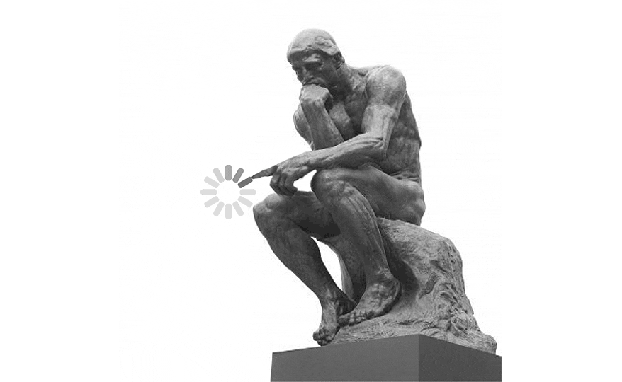 Animação de uma imagem da estátua 'O Pensador', em que o dedo indicador na mão que está repousada na perna está girando um cursor circular de espera.