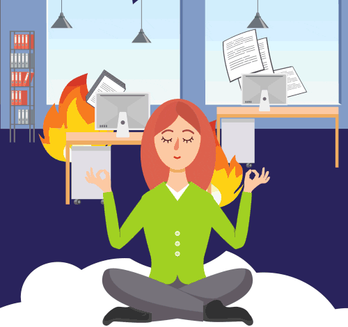 Imagem animada mostrando uma  moça em posição de lótus e com os olhos fechados, flutuando como se estivesse meditando, enquanto atrás dela o escritório literalmente pega fogo.